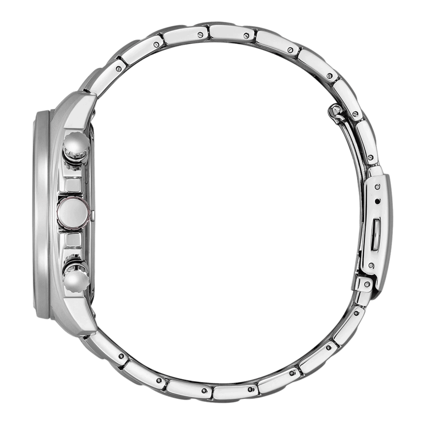 Chronografarmbandsur i rostfritt stål med boett och armband; sidokrona och tryckknappar.