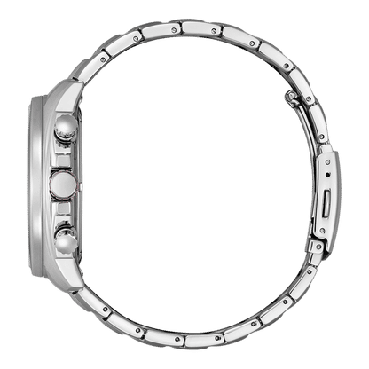 Chronografarmbandsur i rostfritt stål med boett och armband; sidokrona och tryckknappar.