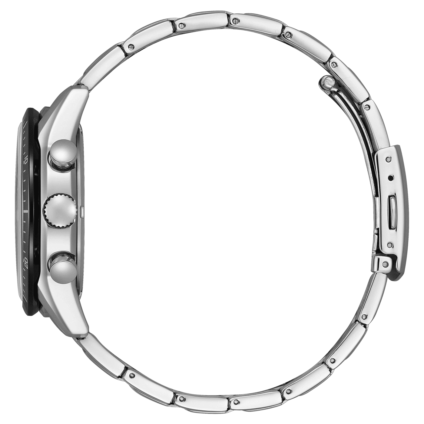 Herrklocka från sidan: silverfärgat hölje med krona och knappar, metallarmband