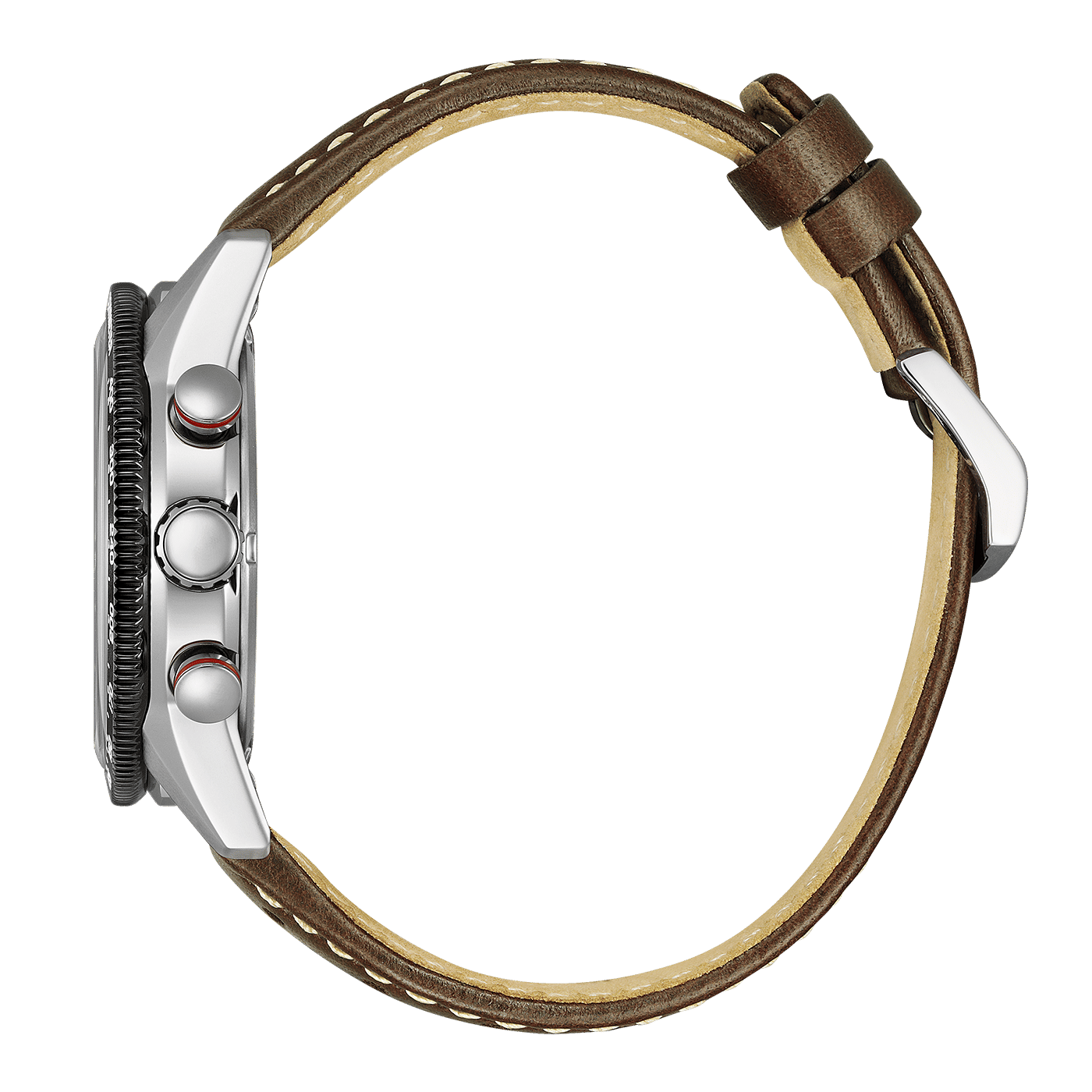 Armbandsur med kronografknappar och brunt läderarmband, sedd från sidan.