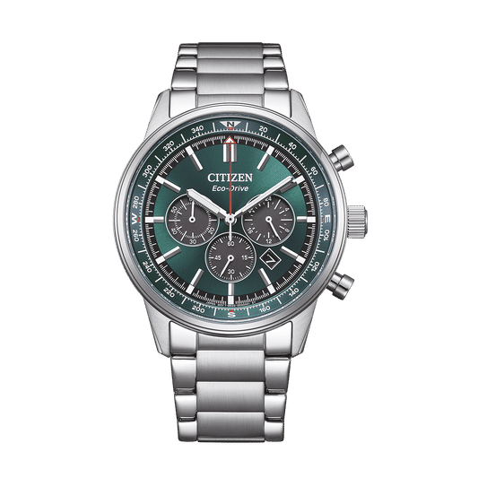 Herrklocka Citizen CA4720 kronograf med armband i rostfritt stål och grön urtavla
