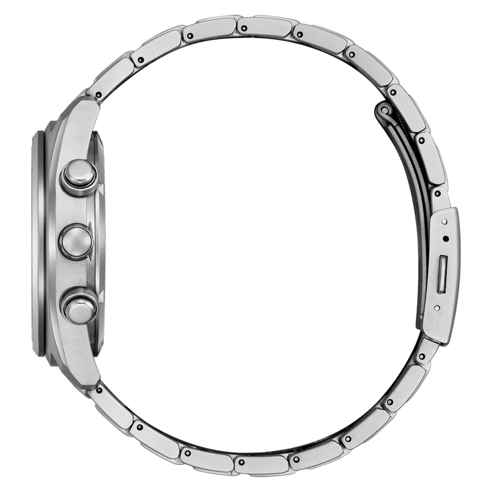 Herrklocka med armband i silverfärgad titan, sidovy med krona och knappar