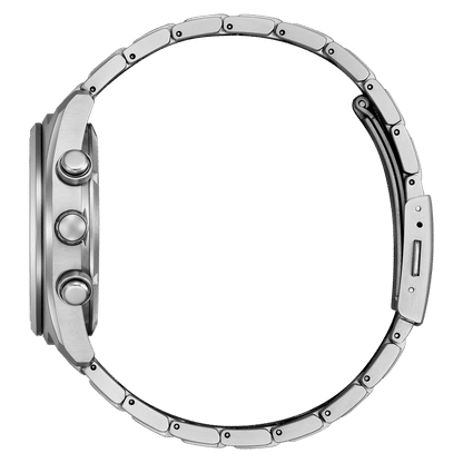 Herrklocka med armband i silverfärgad titan, sidovy med krona och knappar