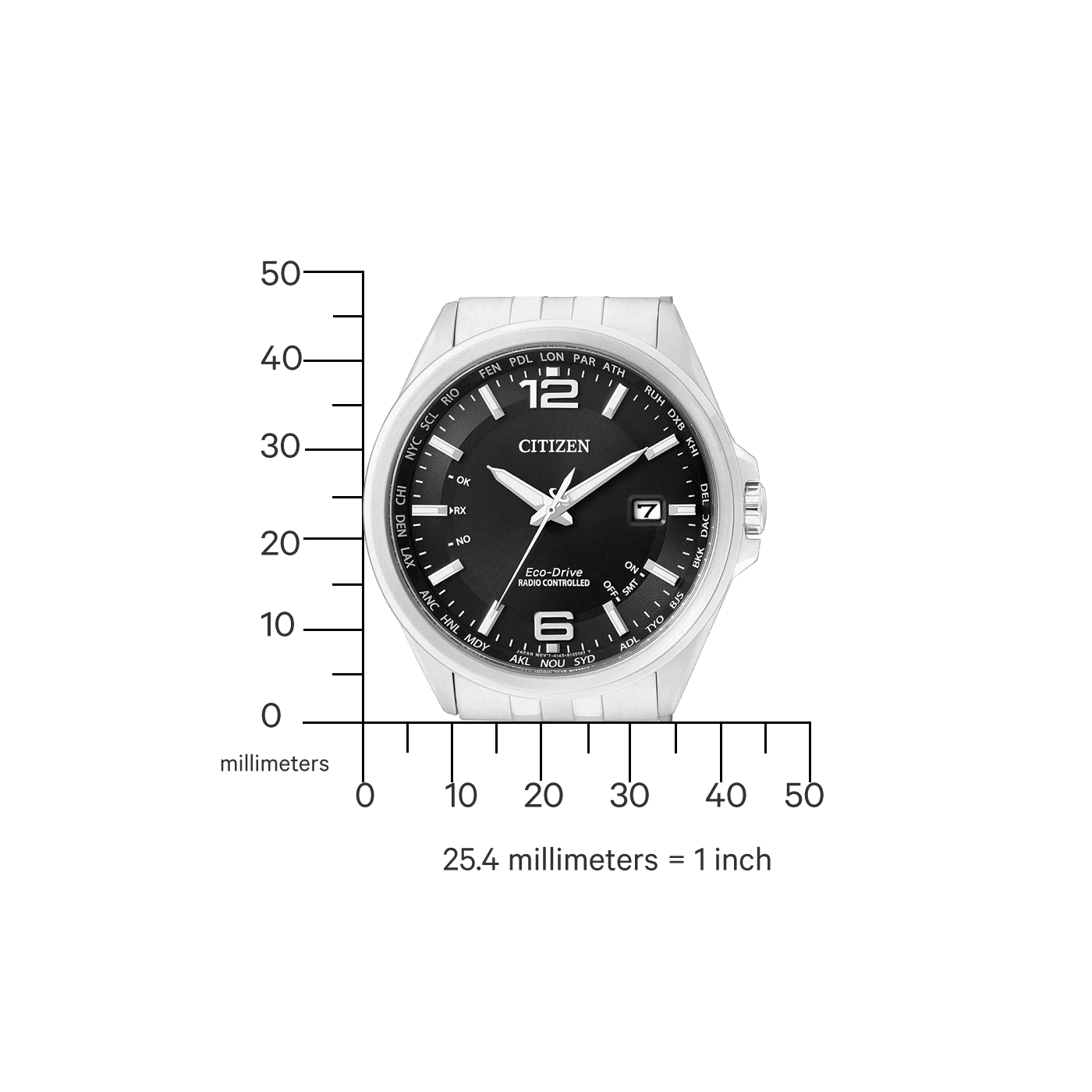 Herrklocka, frontvy: svart urtavla med Eco-Drive-text, datumfönster