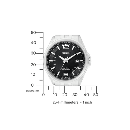 Herrklocka, frontvy: svart urtavla med Eco-Drive-text, datumfönster