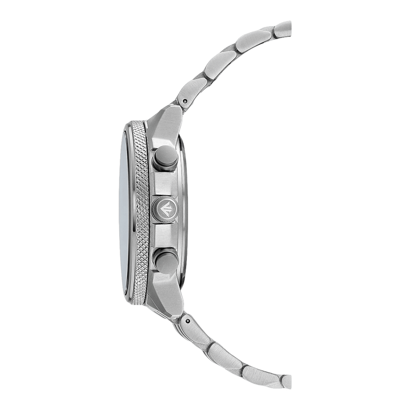Herrklocka i rostfritt stål med räfflad infattning och sidoknappar på ett metallarmband.