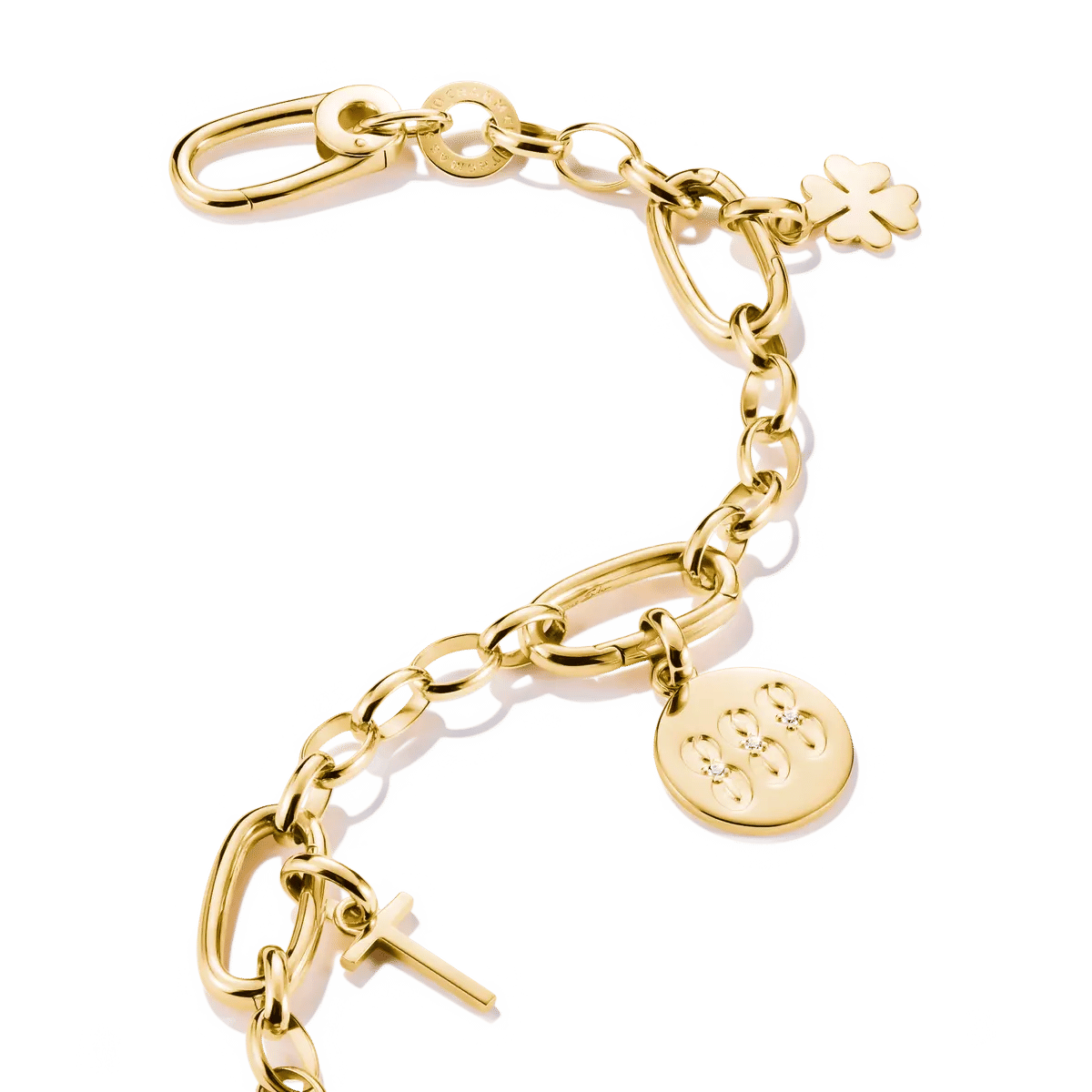 Gliederarmband med guldfärgat hänge, rund 888-design och vita stenar