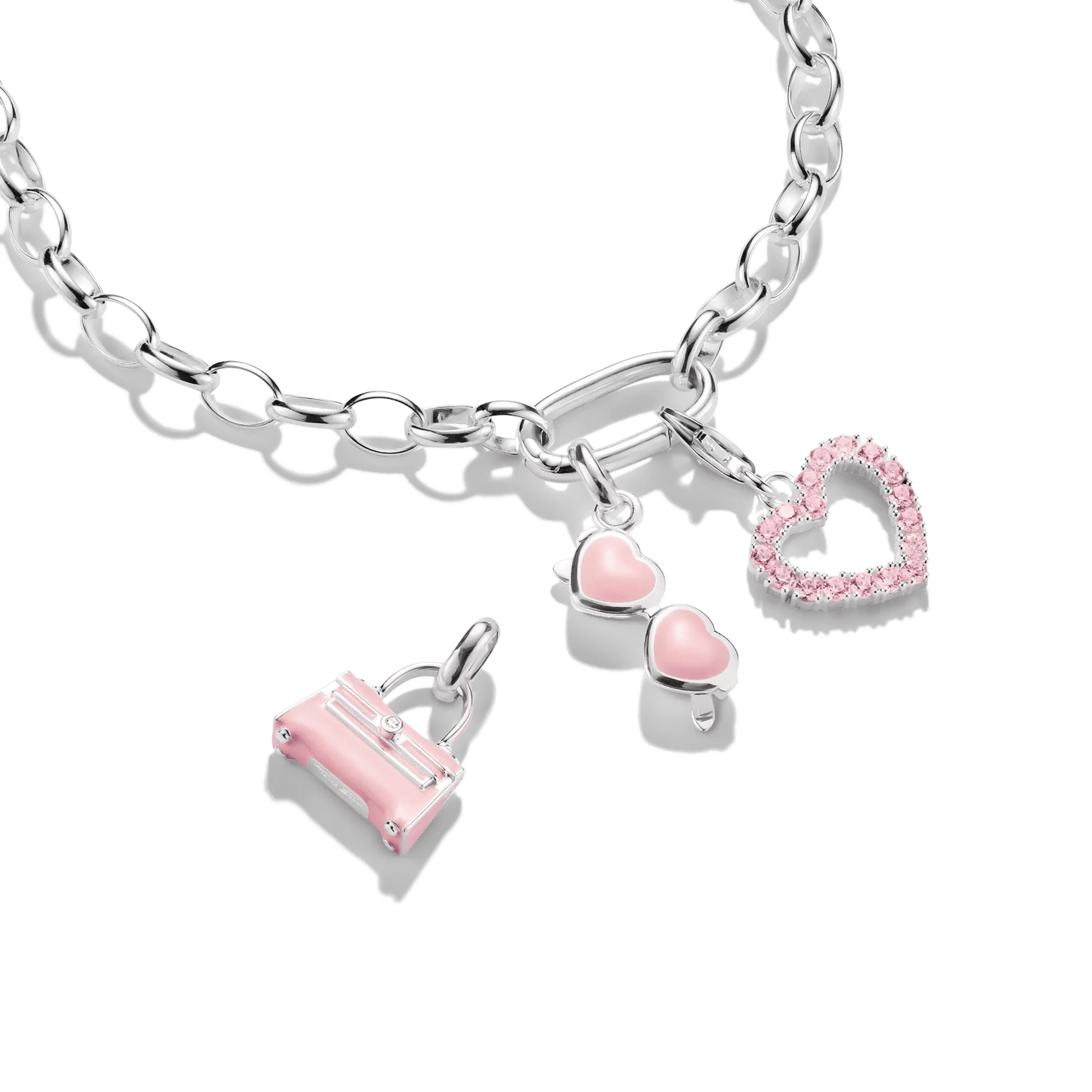 Armband i silver med länkar, berlocker i form av ett rosa hjärta och solglasögon