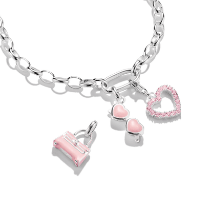 Armband i silver med länkar, berlocker i form av ett rosa hjärta och solglasögon