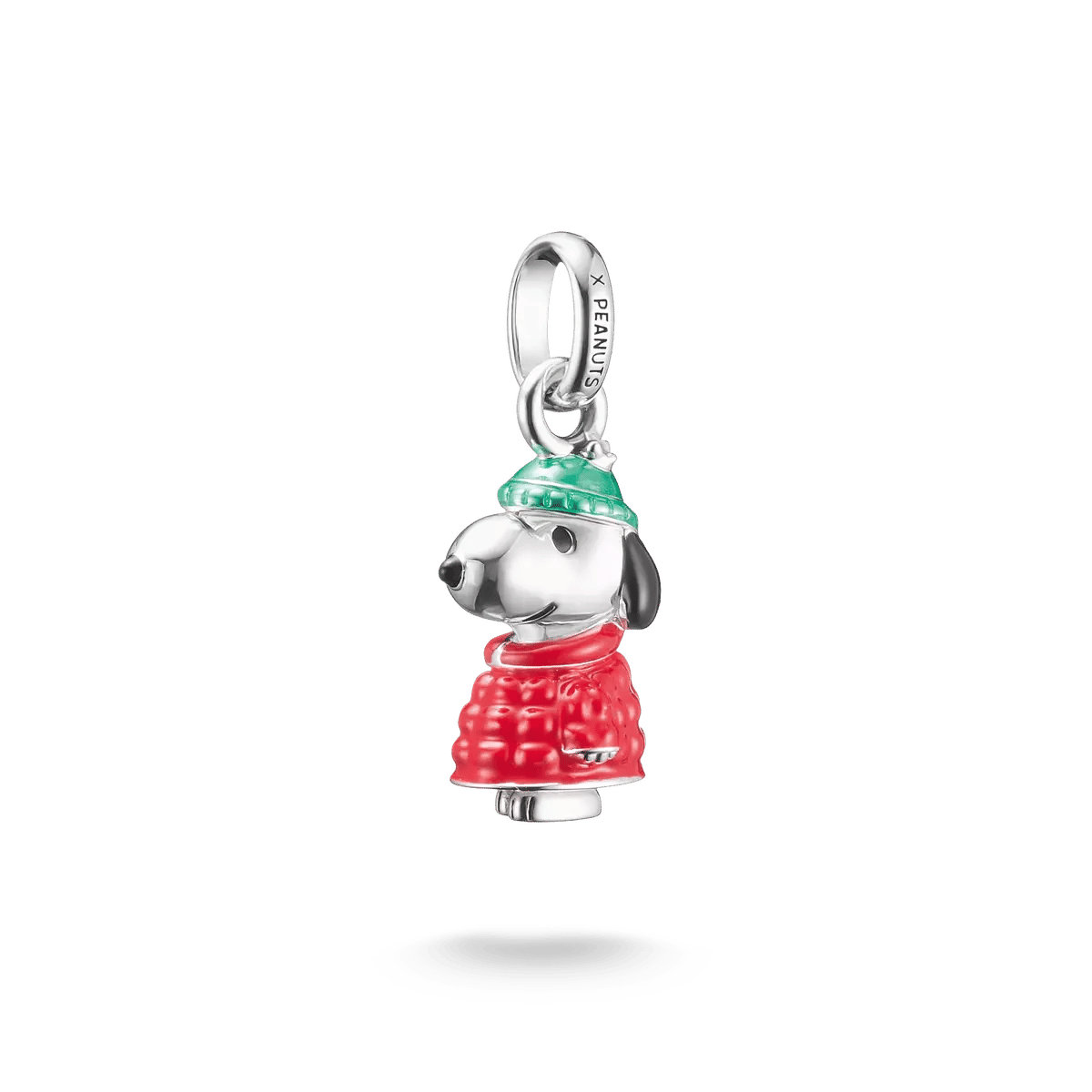 Snoopy vinterjacka berlock i sterlingsilver med röd rock och grön krage, emalj