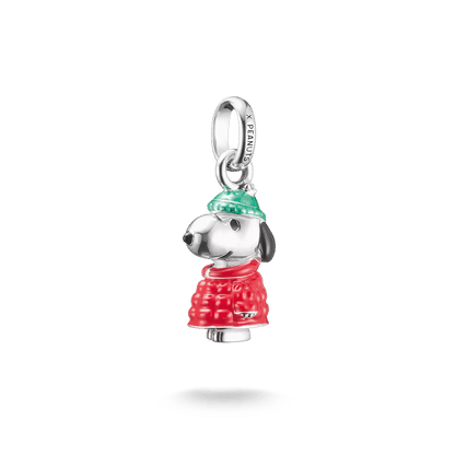 Snoopy vinterjacka berlock i sterlingsilver med röd rock och grön krage, emalj