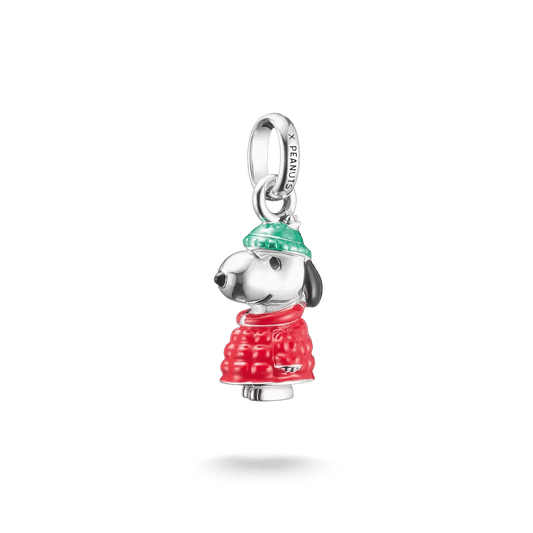 Snoopy vinterjacka berlock i sterlingsilver med röd rock och grön krage, emalj