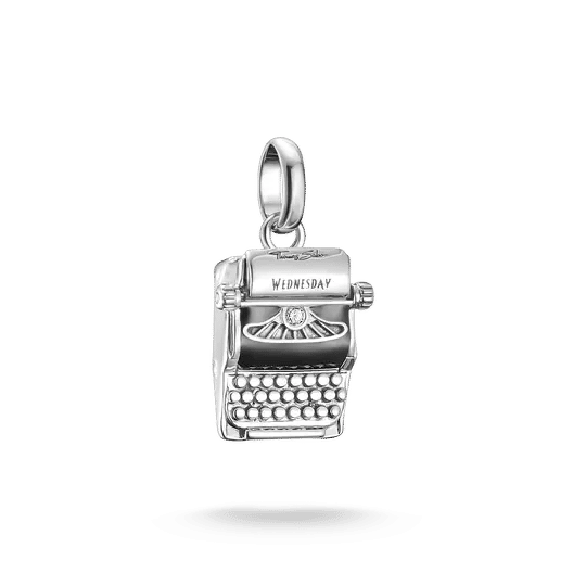 Thomas Sabo silver charm pendant with typewriter and zirconia, 'WEDNESDAY'.