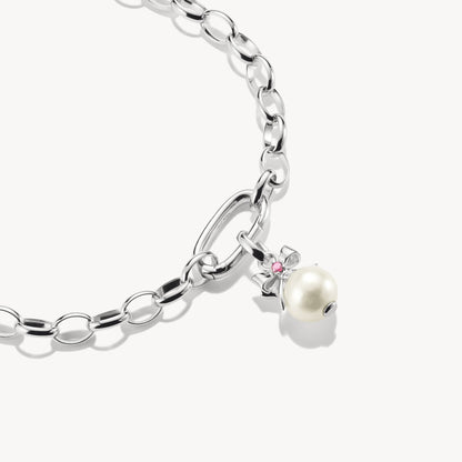 Berlock i silver med kedja: pärla, rosett och rosa sten