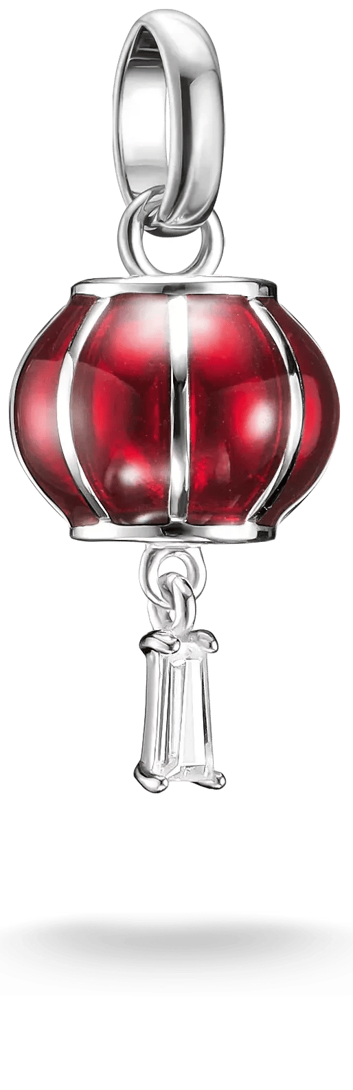 "Silver charm pendant with red lantern and eyelet at the top"