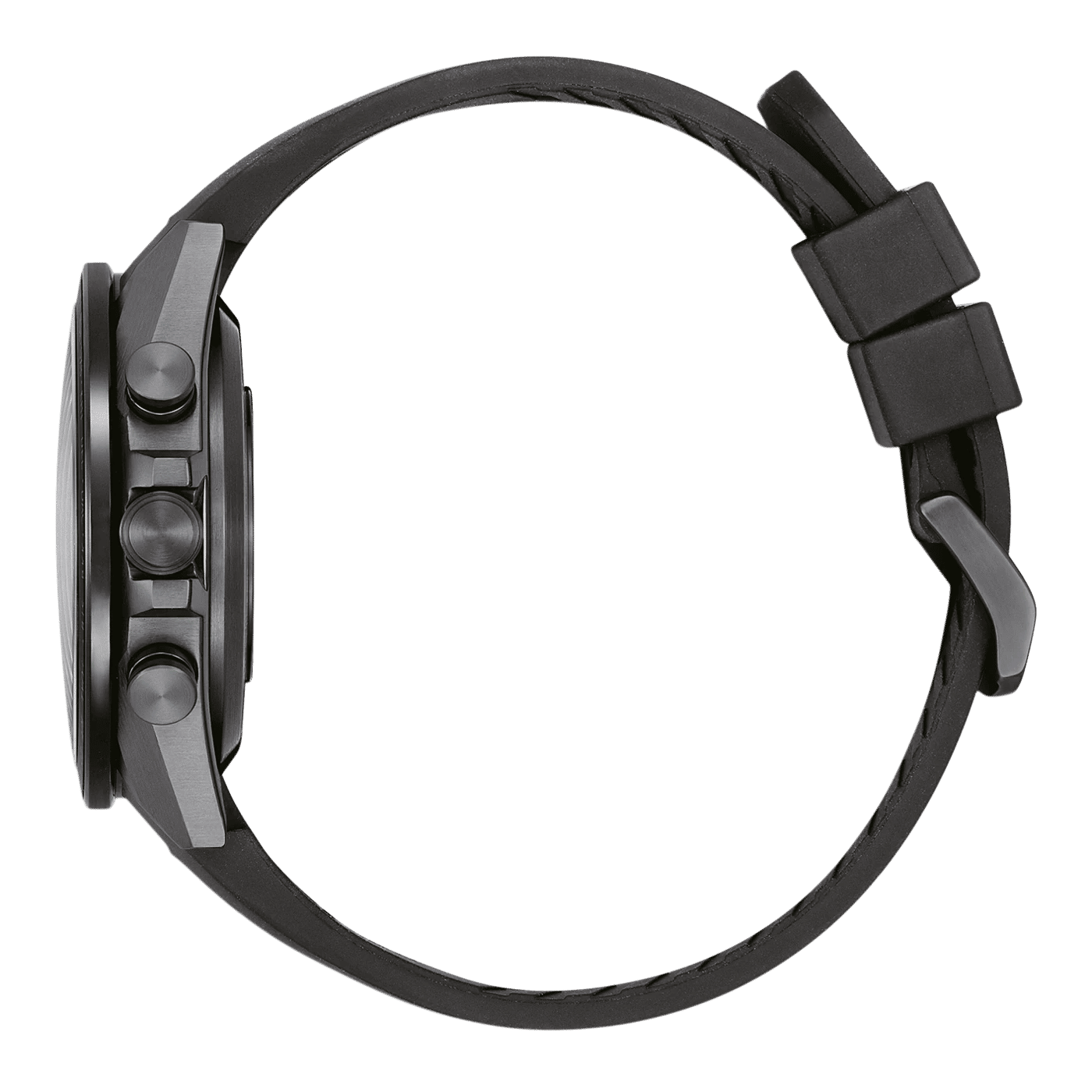 Herrklocka med svart armband, sidovy med kontroller och knappar