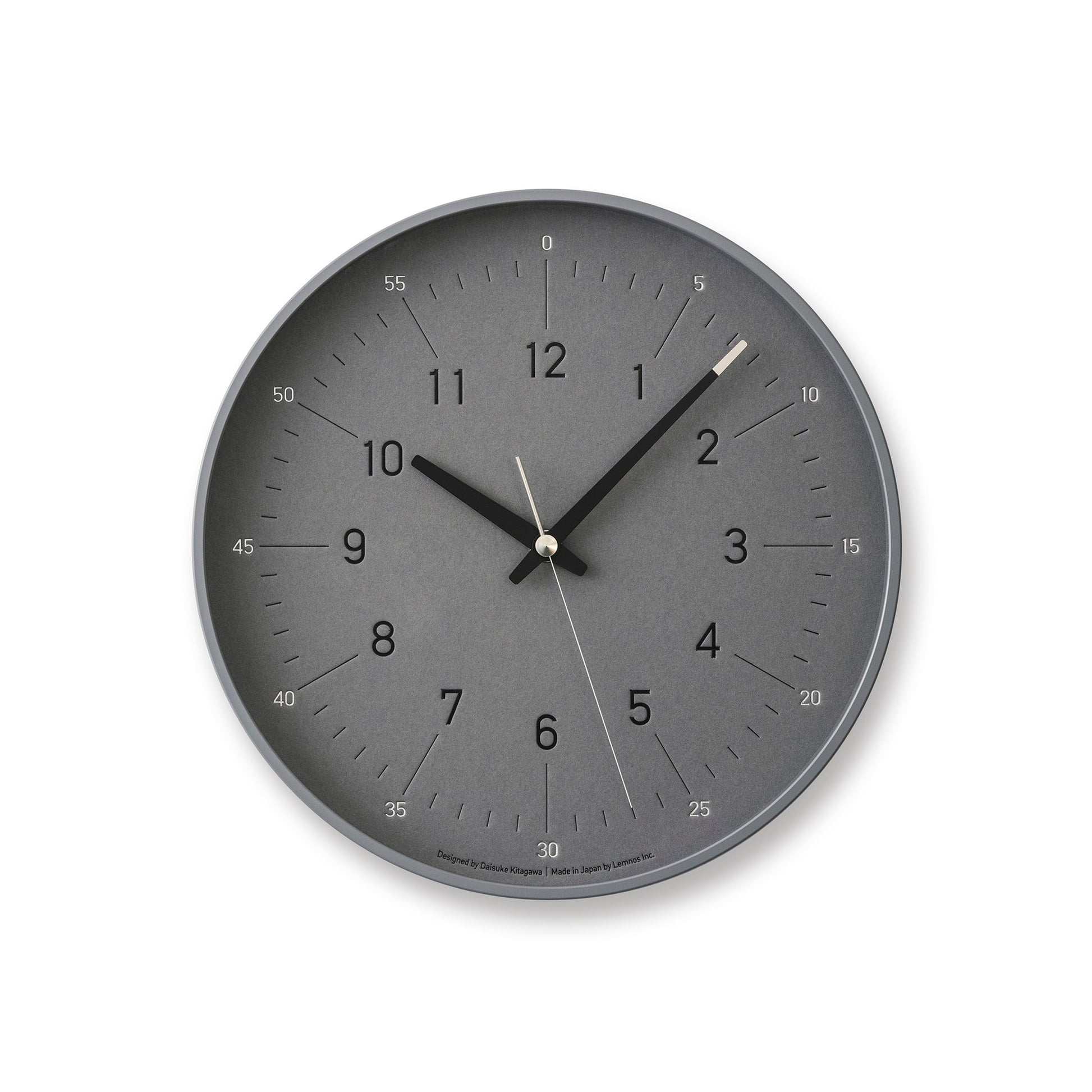 Grau Wanduhr mit rundem Ziffernblatt, schwarzen Zeigern und klarer Skalierung