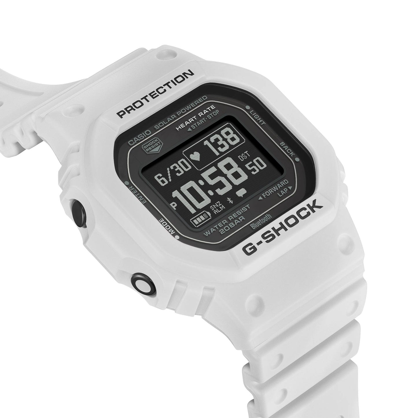 Casio G-SHOCK Herrenuhr schräg von oben, weißes Gehäuse mit Display