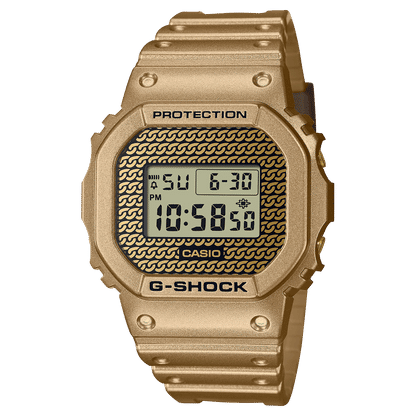 Goldene G-SHOCK Uhr mit gewellter Zifferblattoptik und digitaler Zeitanzeige