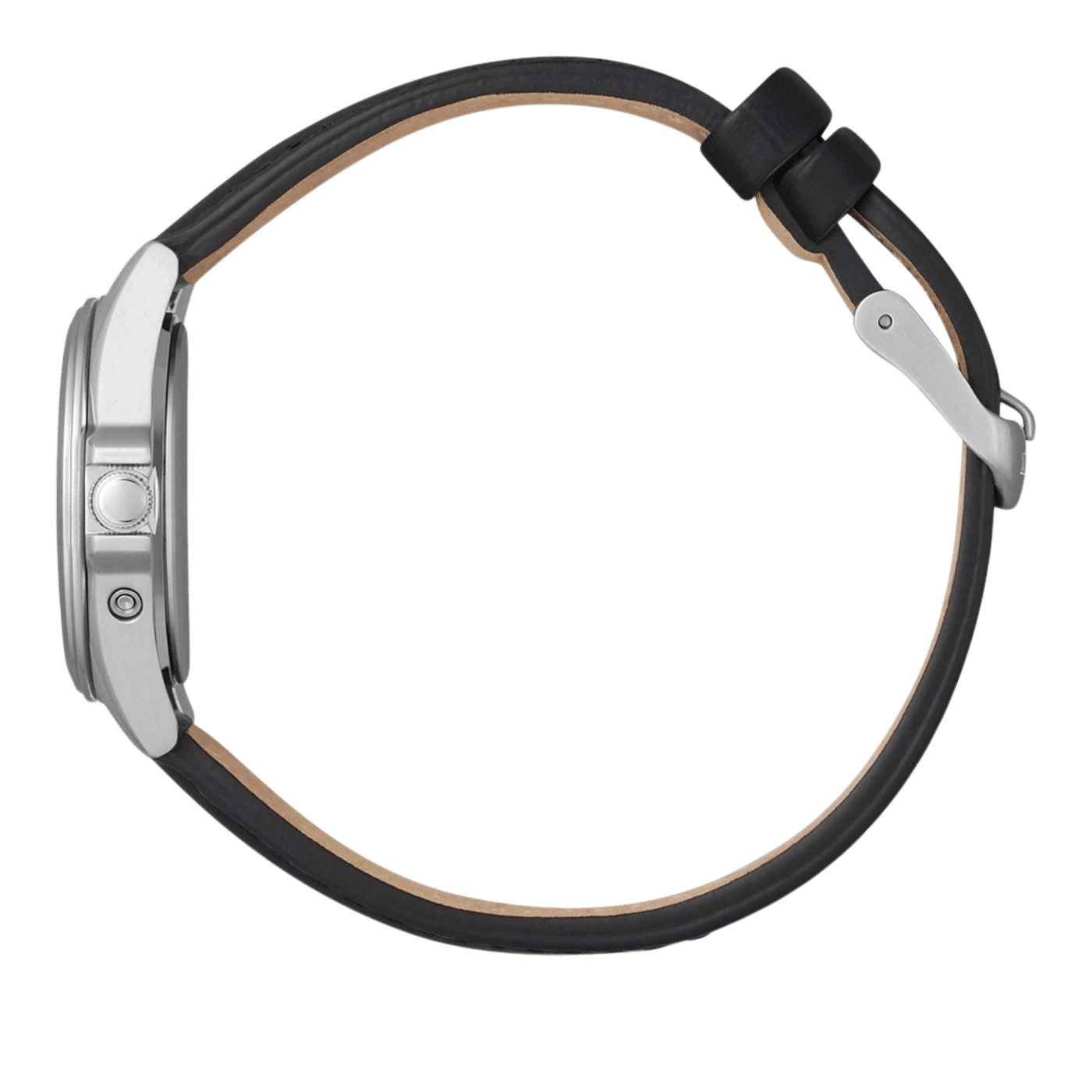 Klocka med svart läderarmband och silverfärgat hölje, sidovy