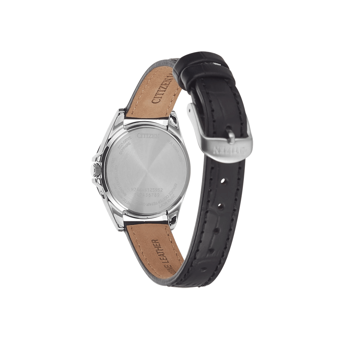 Klocka med svart läderarmband, brun insida och silverfärgat hölje