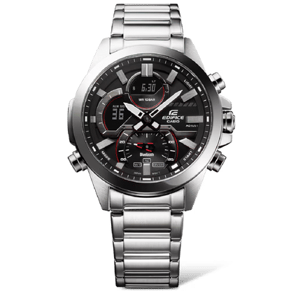 Casio Edifice herrklocka med silverfärgat metallarmband, svart urtavla och röda detaljer