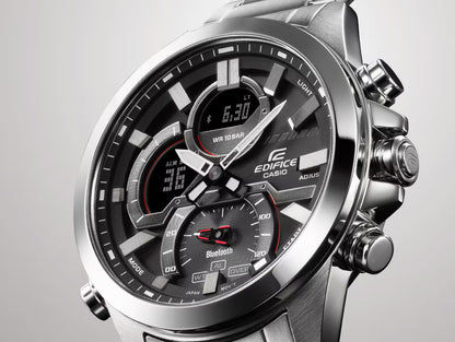 Casio Edifice herrklocka med svart urtavla, silverfärgat boett och röda detaljer