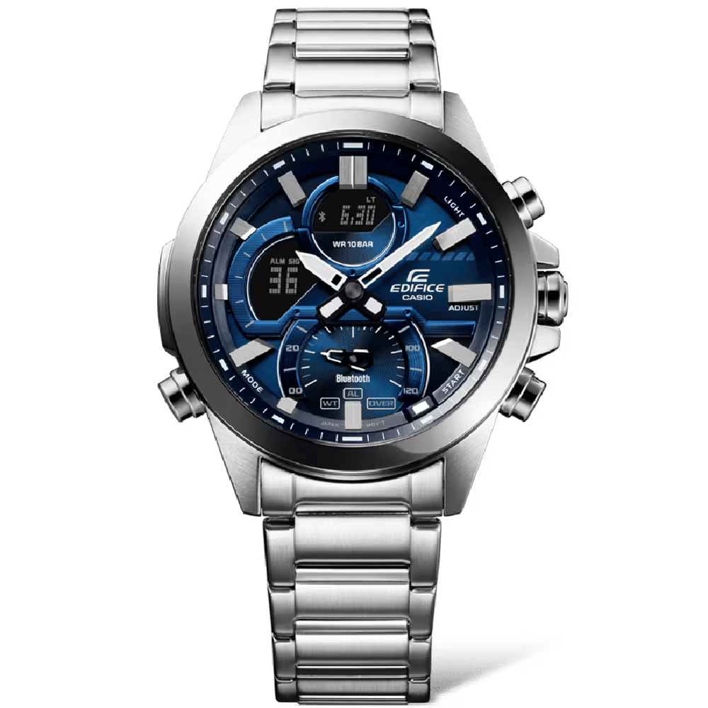 Casio EDIFICE herrklocka med blå urtavla, stålboett och länkarmband.