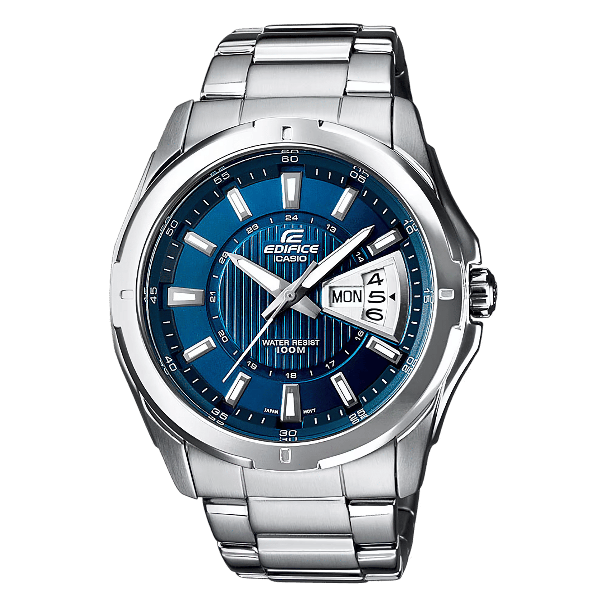 Casio Edifice herrklocka med blå urtavla, silverfärgat rostfritt stålarmband och datumfönster