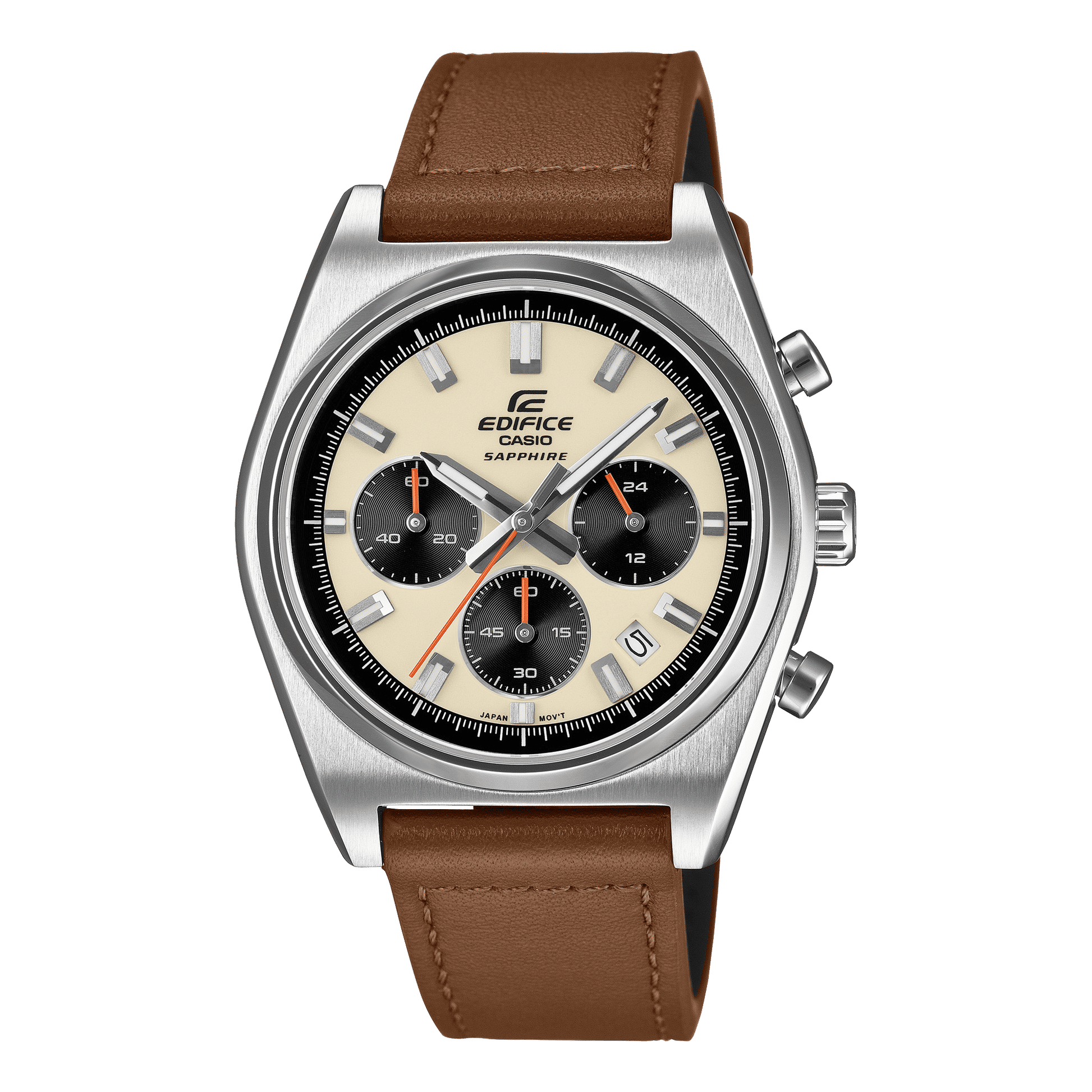 Herren-Chronograph mit beigem Zifferblatt, braunem Lederarmband und runder Stahl-Lünette