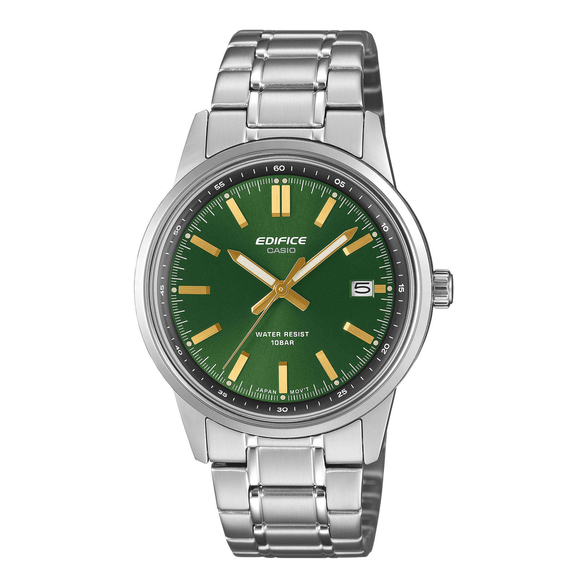 Casio Edifice Herrenuhr mit grünem Zifferblatt, goldfarbenen Zeigern und silbernem Metallarmband