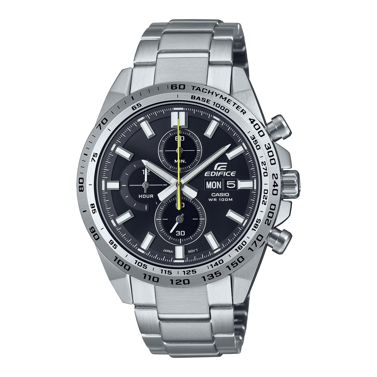 Casio Edifice kronograf för herrar med svart urtavla, stålarmband och 100 m vattentäthet