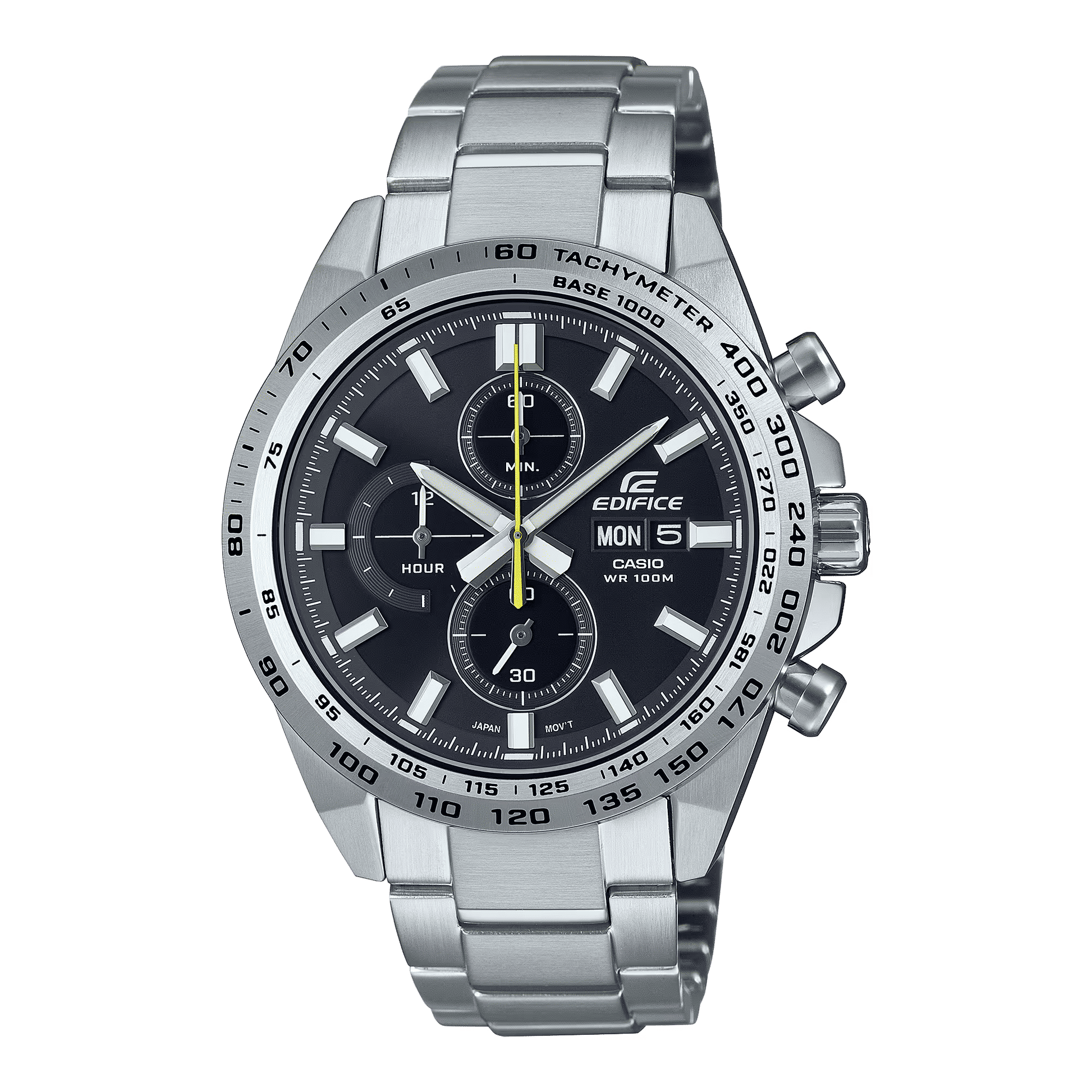Casio Edifice kronograf för herrar med svart urtavla, stålarmband och 100 m vattentäthet