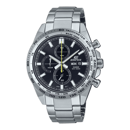 Casio Edifice kronograf för herrar med svart urtavla, stålarmband och 100 m vattentäthet