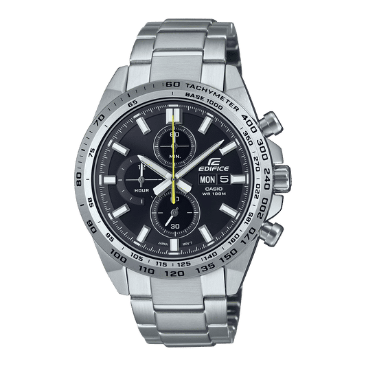 Casio Edifice kronograf för herrar med svart urtavla, stålarmband och 100 m vattentäthet