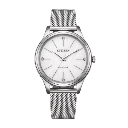 Citizen damklocka med silverfärgat Milanese-armband i rostfritt stål och vit urtavla