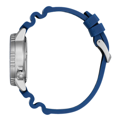 Armbandsur från sidan: blått silikonarmband, boett i rostfritt stål med krona