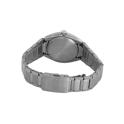 "Damklocka med silverfärgat metallarmband, baksidan av boetten"