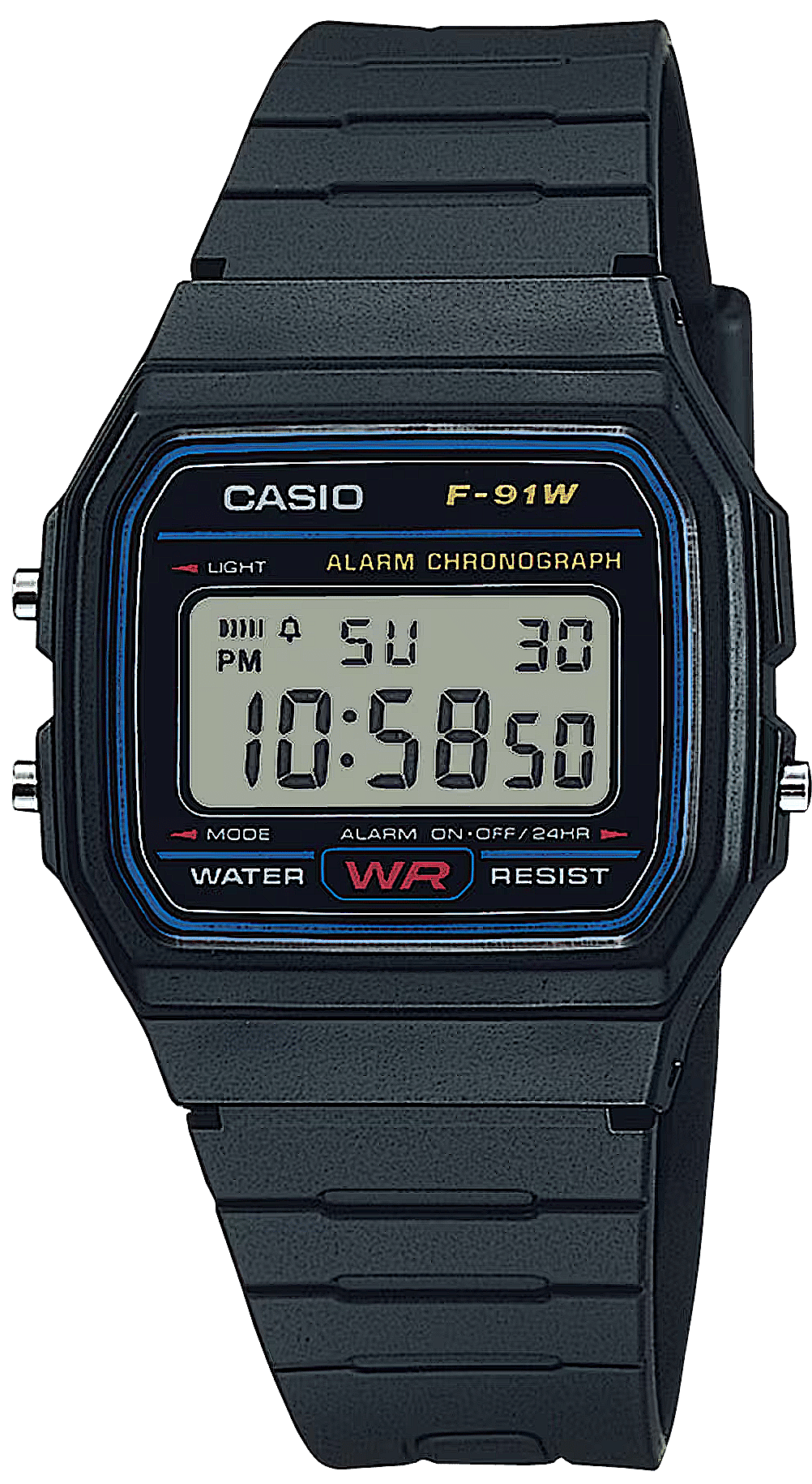 Digital Casio-klocka med mörkblått silikonband och blåinfattad urtavla med siffror