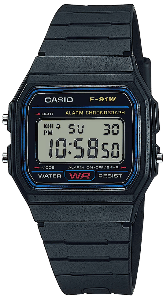 Digital Casio-klocka med mörkblått silikonband och blåinfattad urtavla med siffror