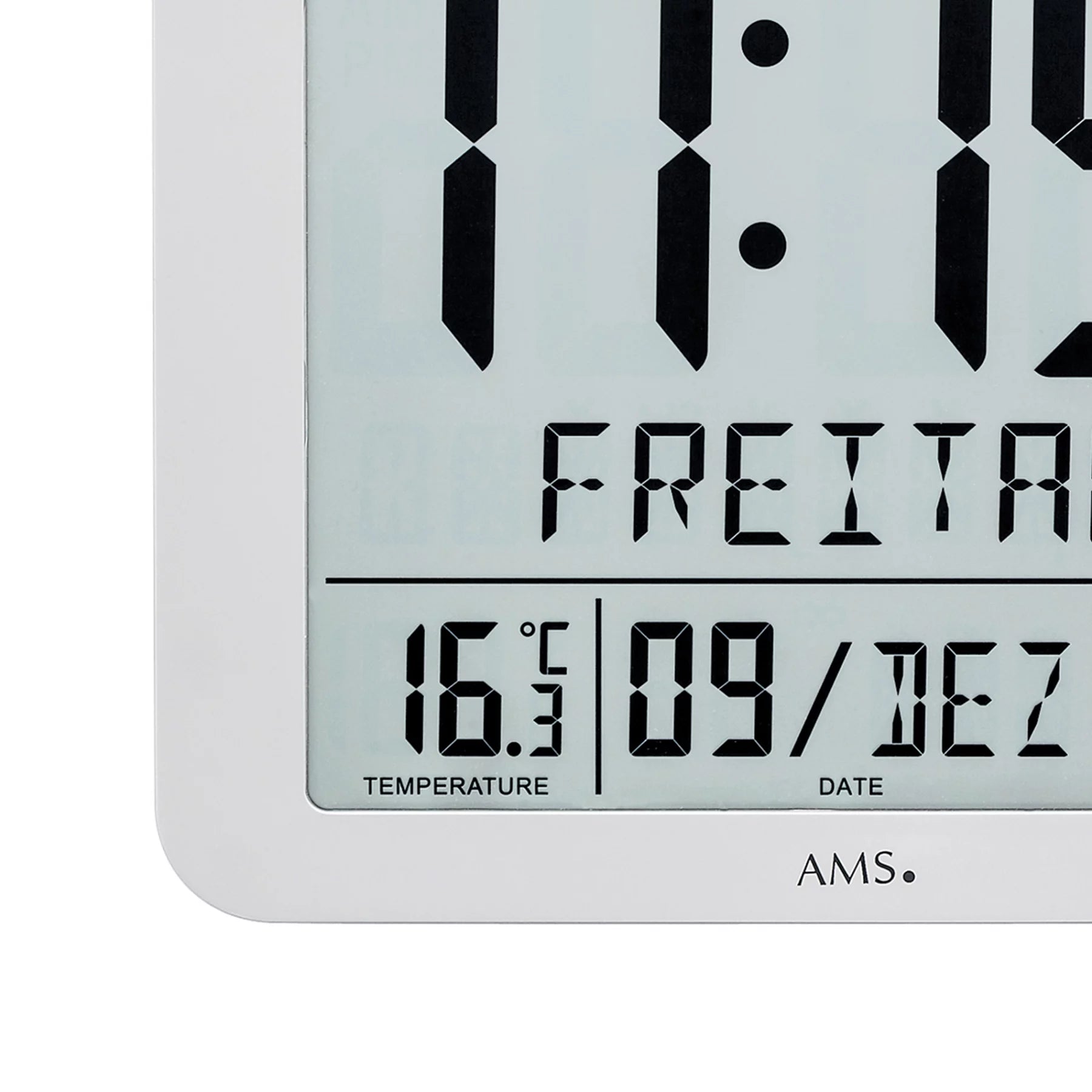 Funk-väggklocka LCD i detalj: Temperaturvisning och datum, fuktvärde