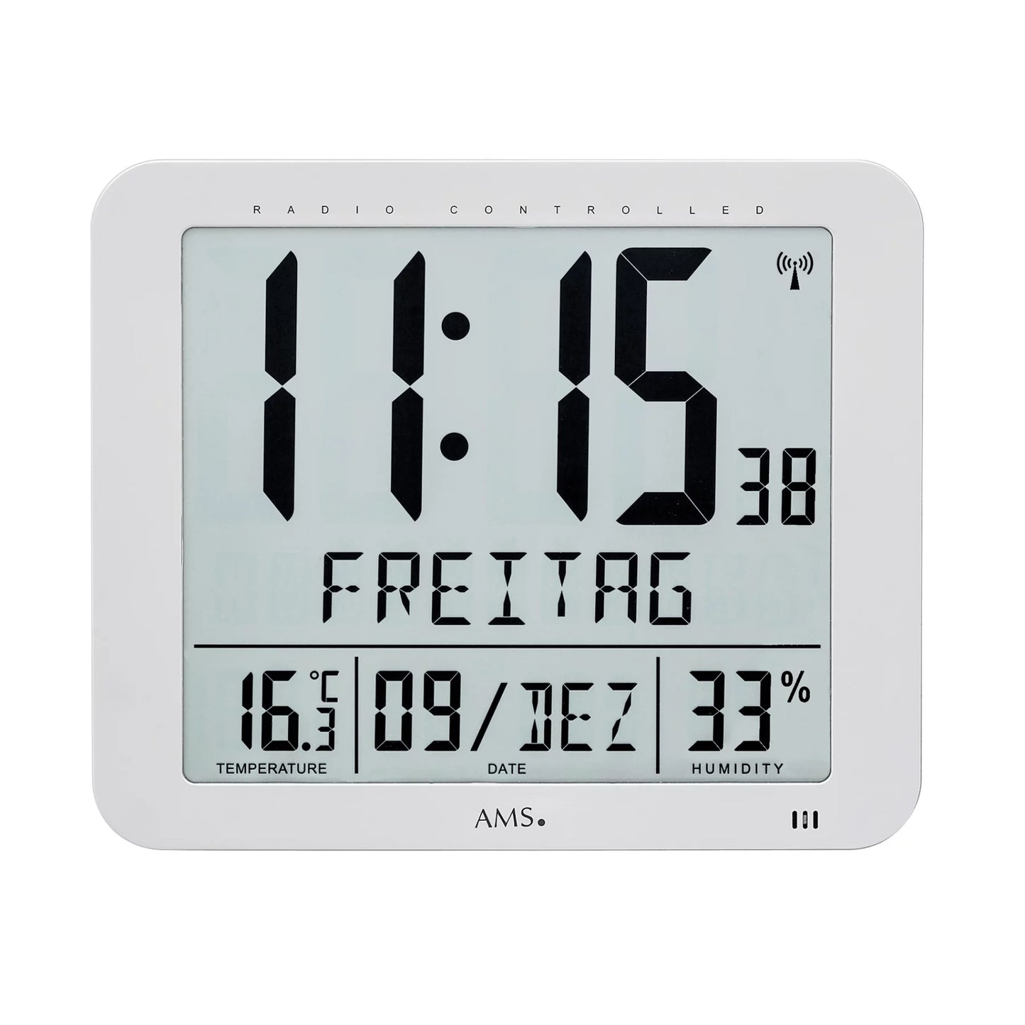 Funk-väggklocka med LCD-display, visar tid, temperatur, luftfuktighet och datum