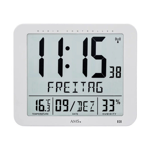 Funk-väggklocka med LCD-display, visar tid, temperatur, luftfuktighet och datum