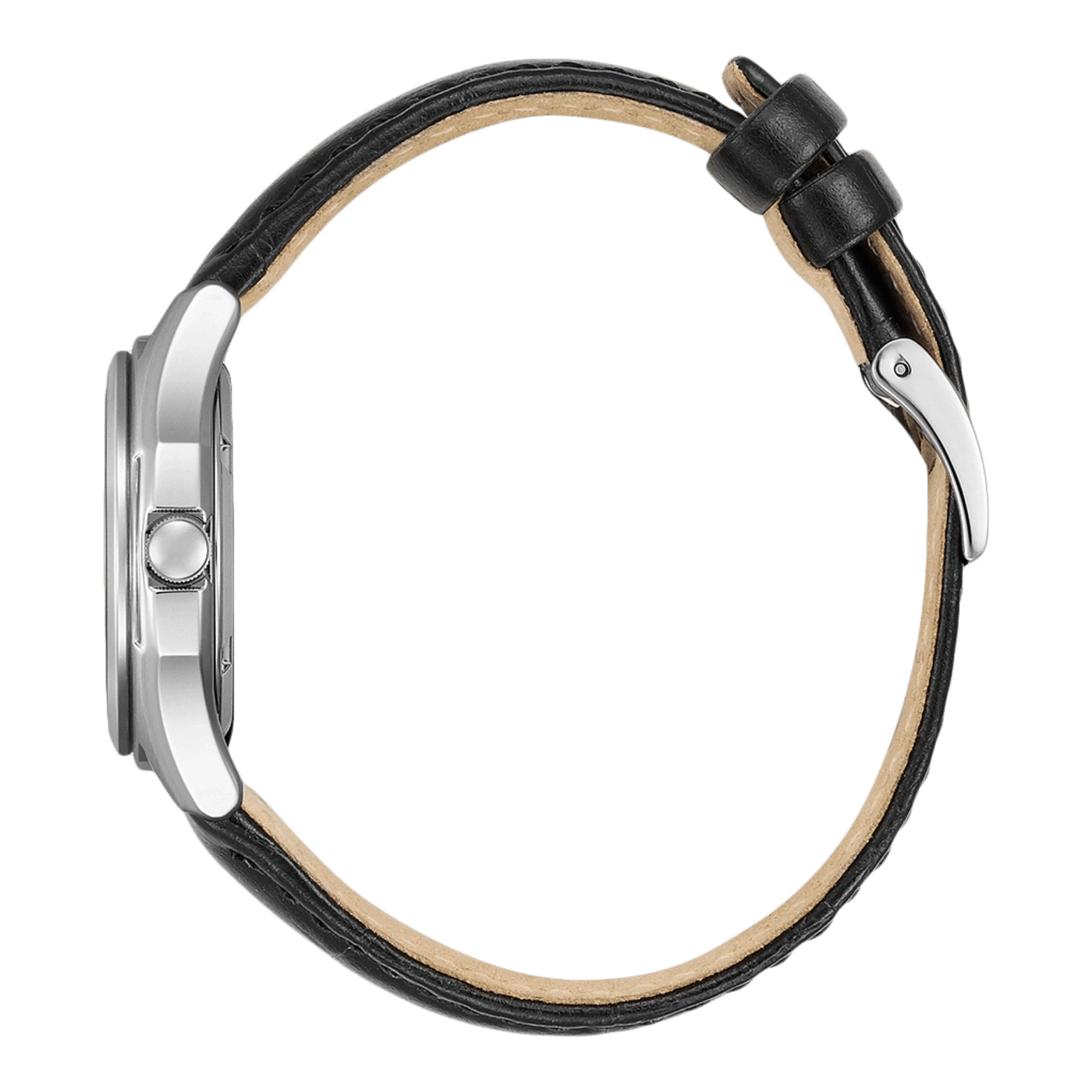Damklocka från Citizen med svart läderarmband och silverfärgat hölje, sidovy