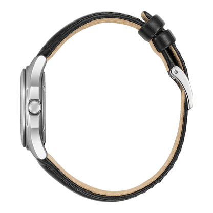 Damklocka från Citizen med svart läderarmband och silverfärgat hölje, sidovy
