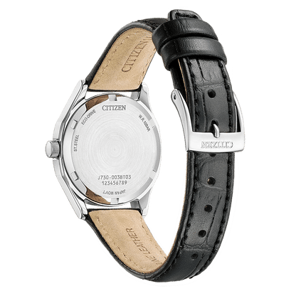 Damklocka från Citizen med svart läderarmband och metallboett, baksida med tryck