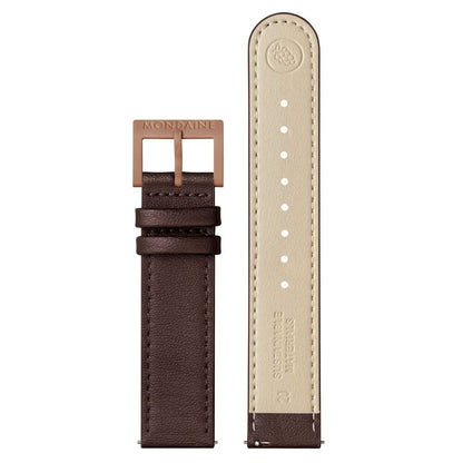 "Mondaine klockarmband: brunt och beige läder, spänne och fästhål."