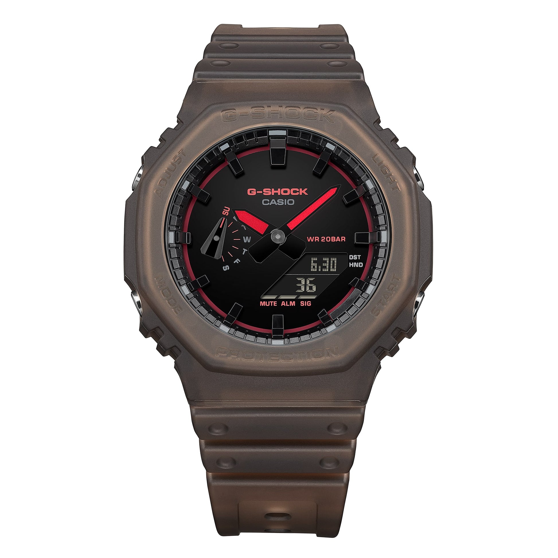 Casio G-Shock Herrenuhr frontal: schwarzes Zifferblatt, rote Details, braunes Band