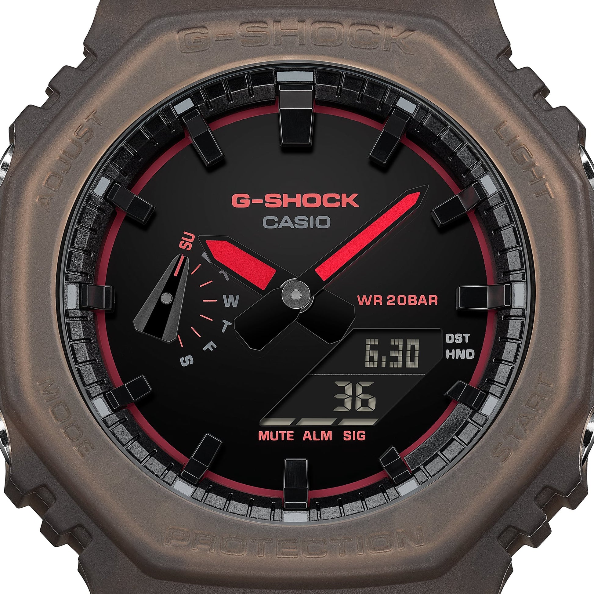 Casio G-Shock Herrenuhr, Nahansicht: schwarzes Zifferblatt mit roten Markierungen und Anzeige