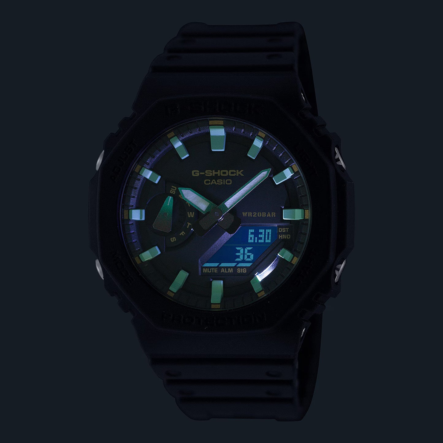 Casio G-Shock herrklocka med svart boett och gröna markeringar, analog display